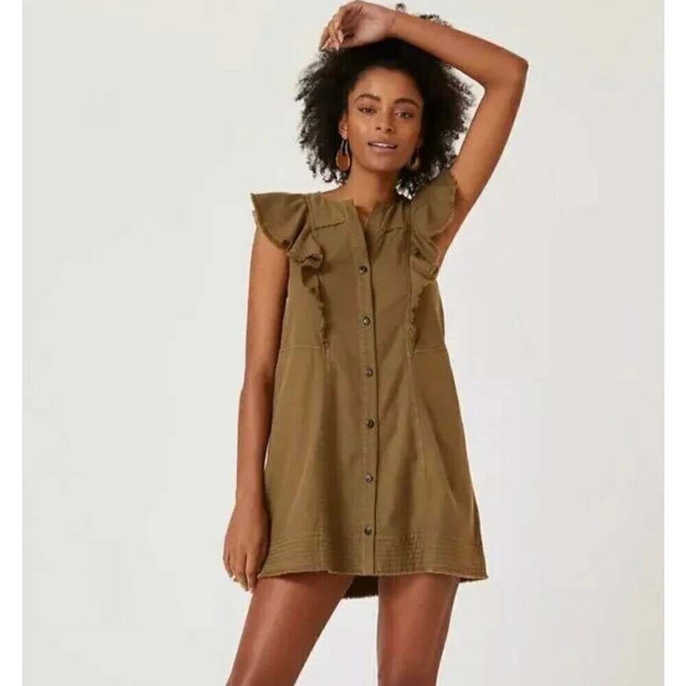 Pilcro Anthropologie Ruffle Utility Mini Dress Women’s S Olive Green Cotton